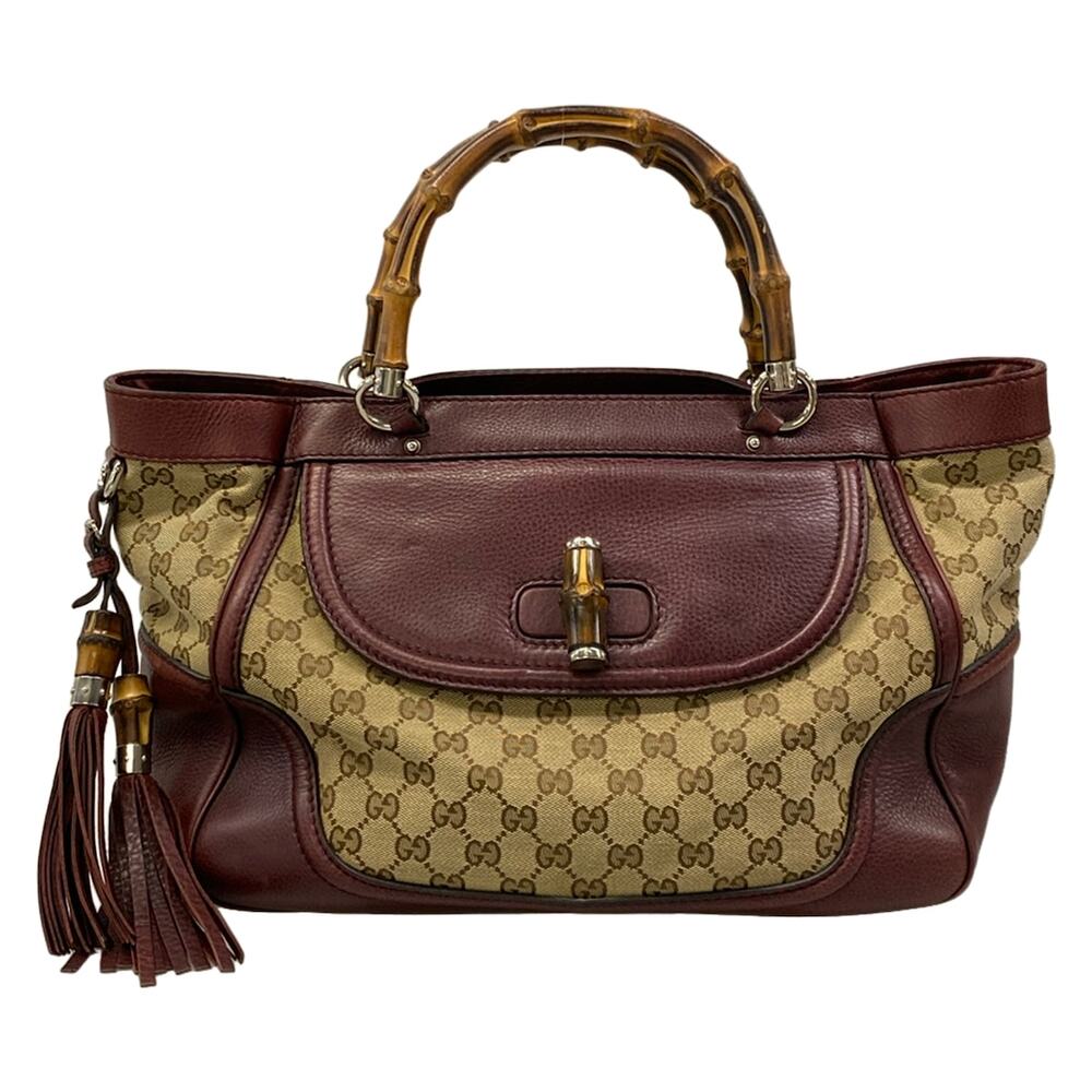 Gucci GG/Bamboo Tote Bag 246860 Beige Dark Brown Bordeaux Jacquard Leather - Picture 1 of 15